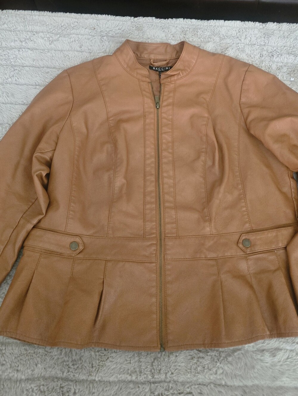Baccini Camel Tan Faux Leather Peplum Zip Jacket Sz.1X